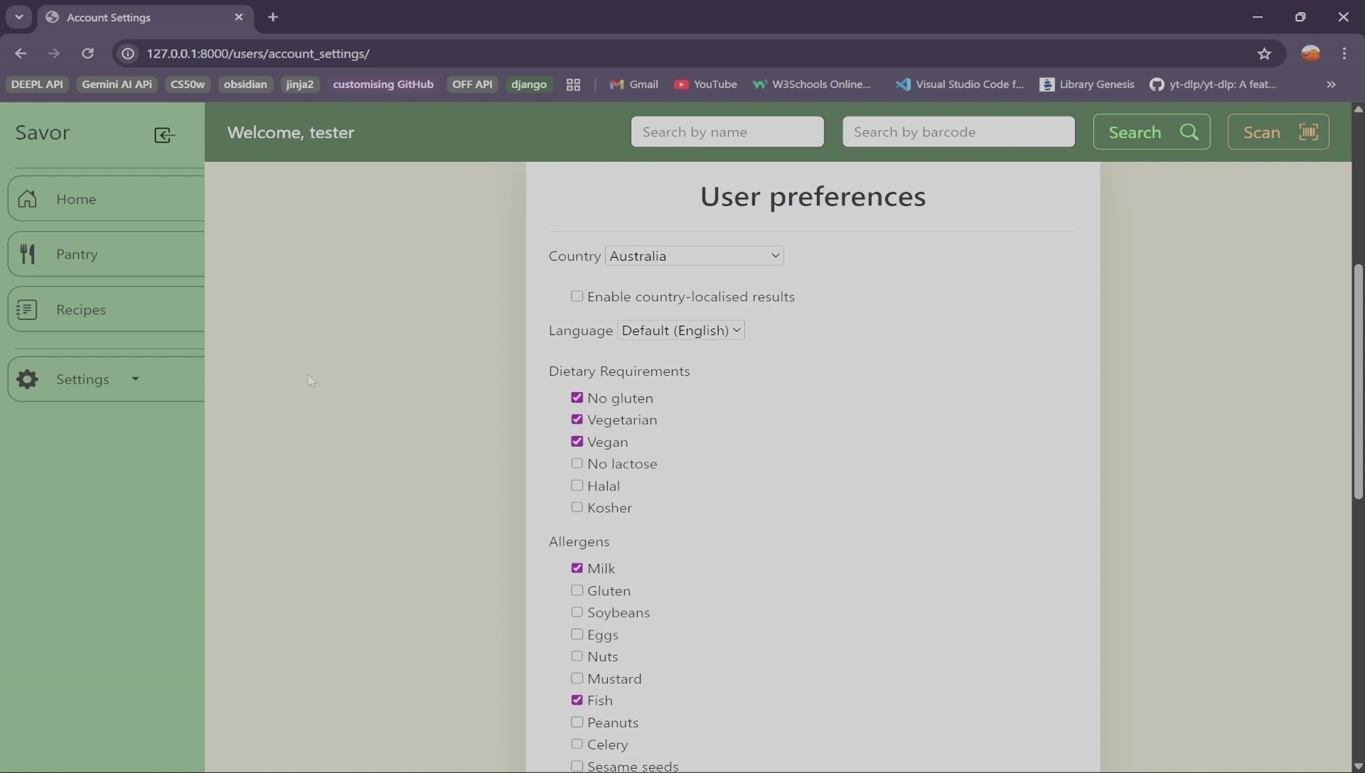 Savor settings 2